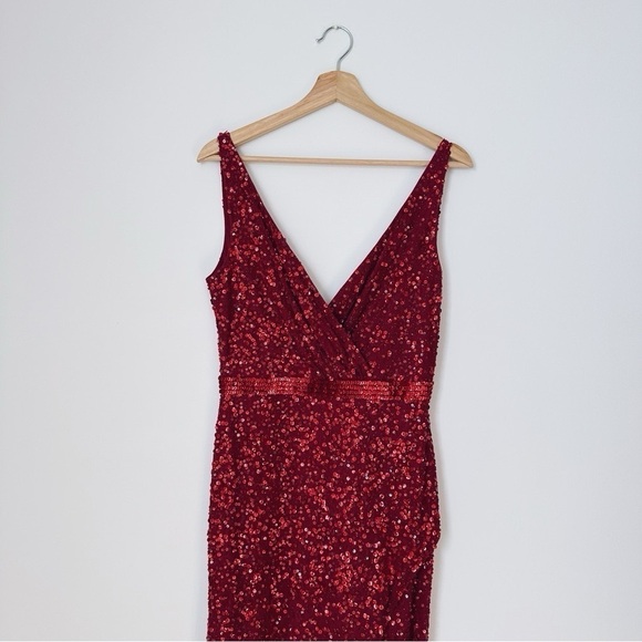 Mac Duggal Sequined Sleeveless Wrap Over Gown Dress Red - Picture 5 of 10